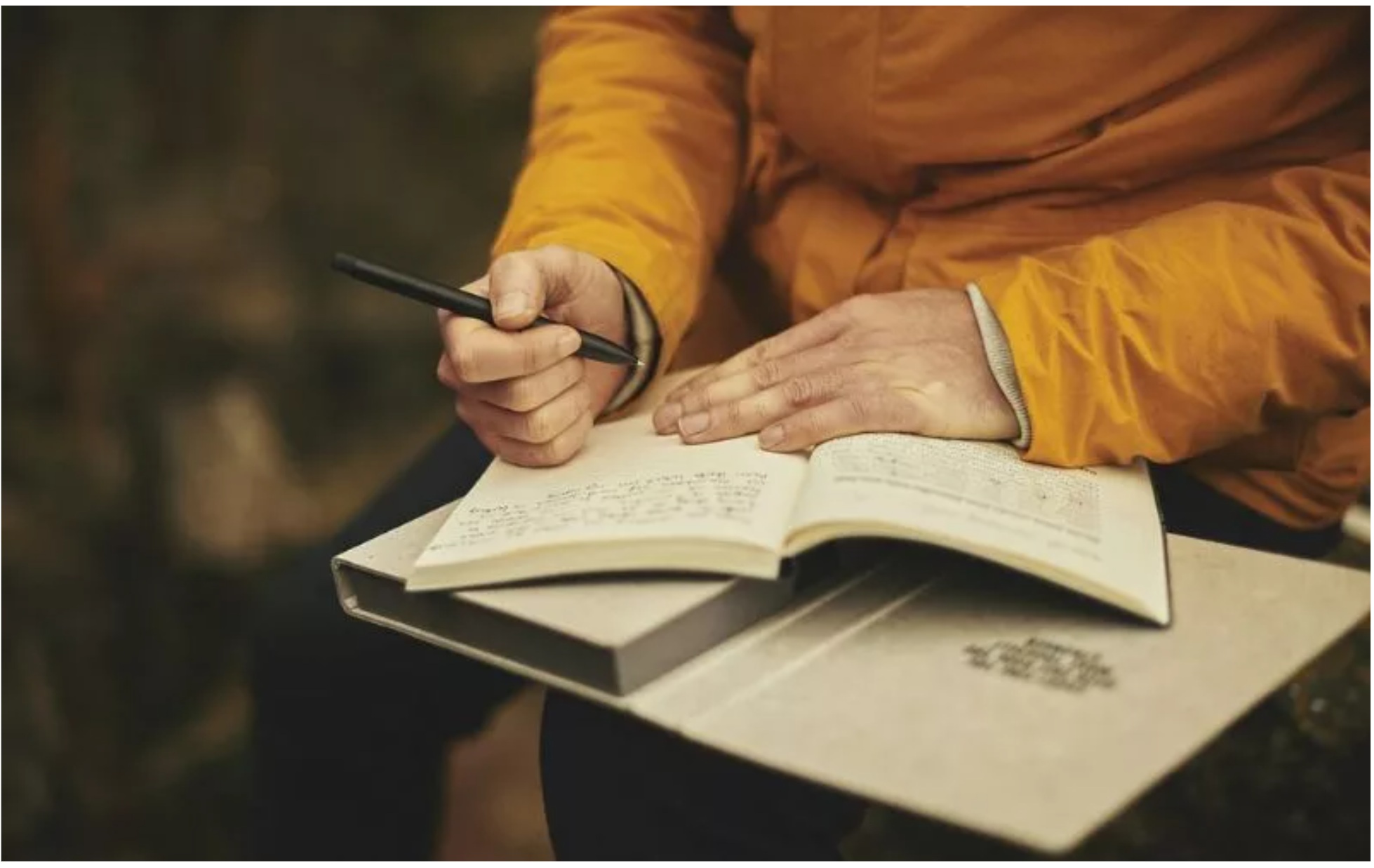 woman journaling in the woods