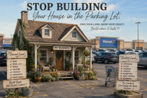 A cute little farm house in the Walmart parking lot, side images say what's your property, and what's rented property (like social media)