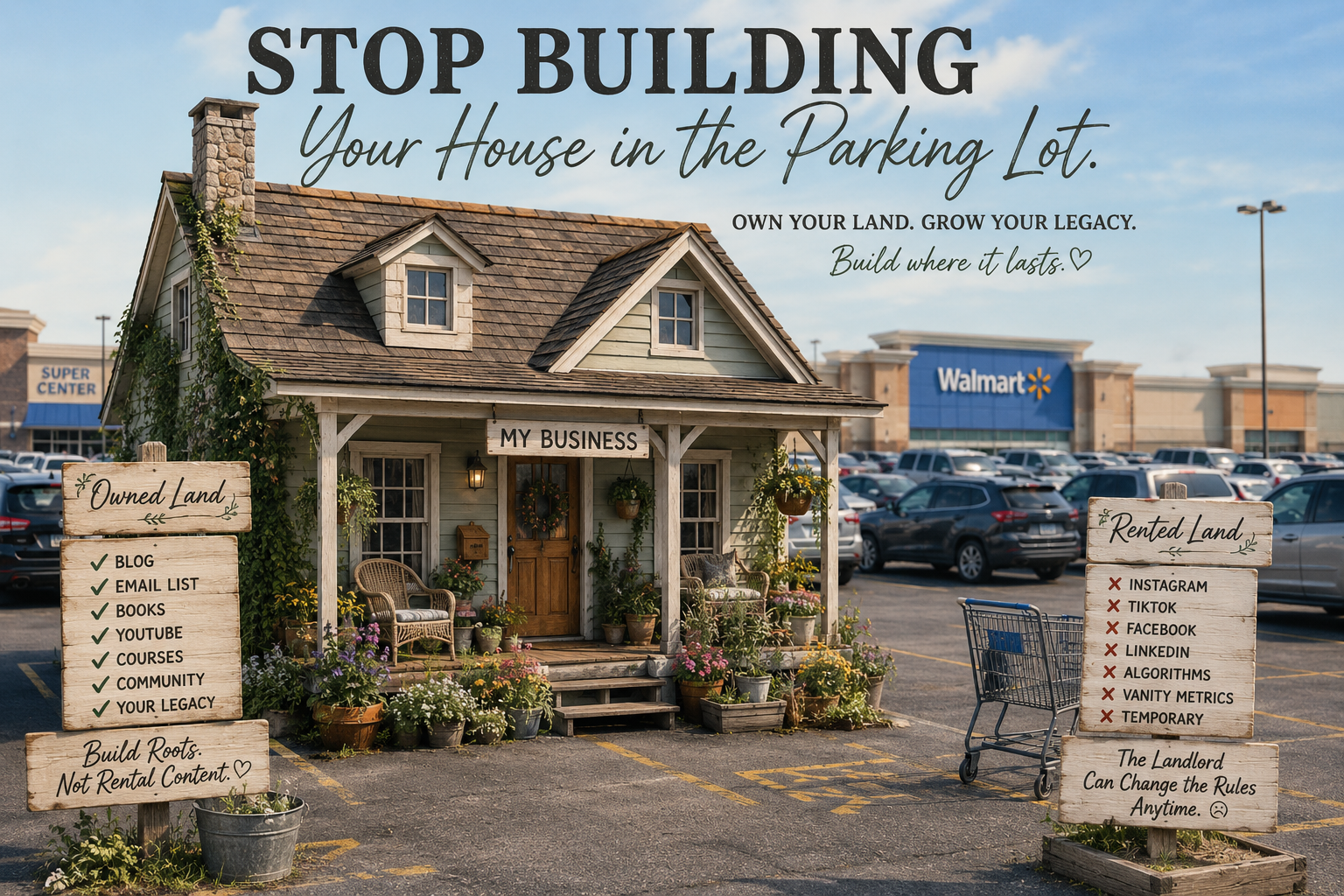 A cute little farm house in the Walmart parking lot, side images say what's your property, and what's rented property (like social media)
