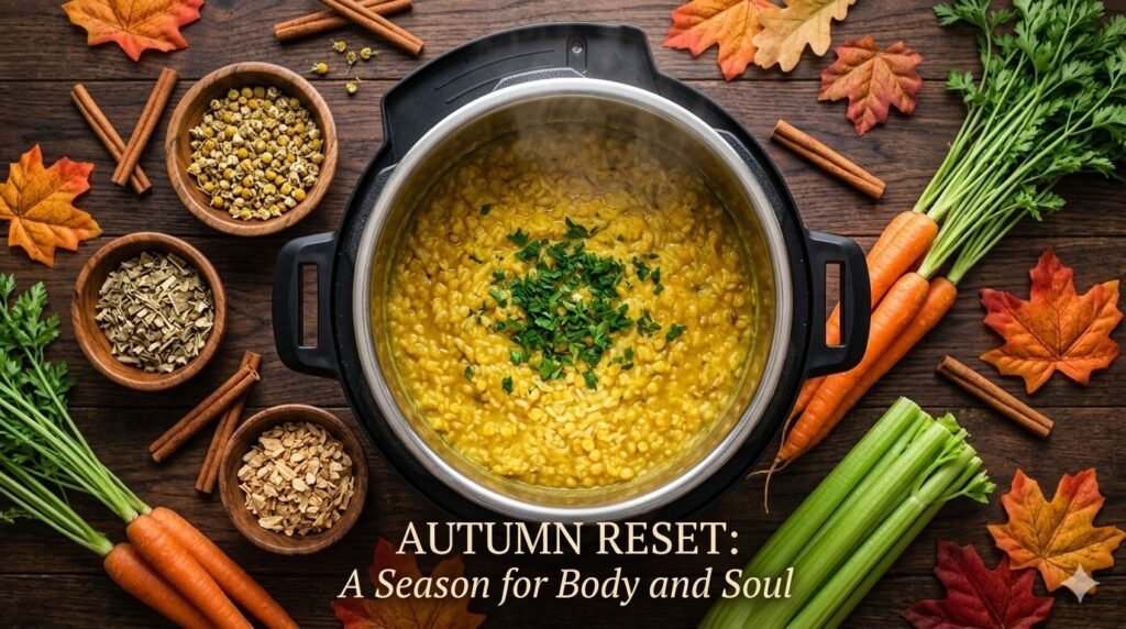 Brewing pot of kitcheri with vegetables and spices all around it