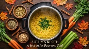 Brewing pot of kitcheri with vegetables and spices all around it