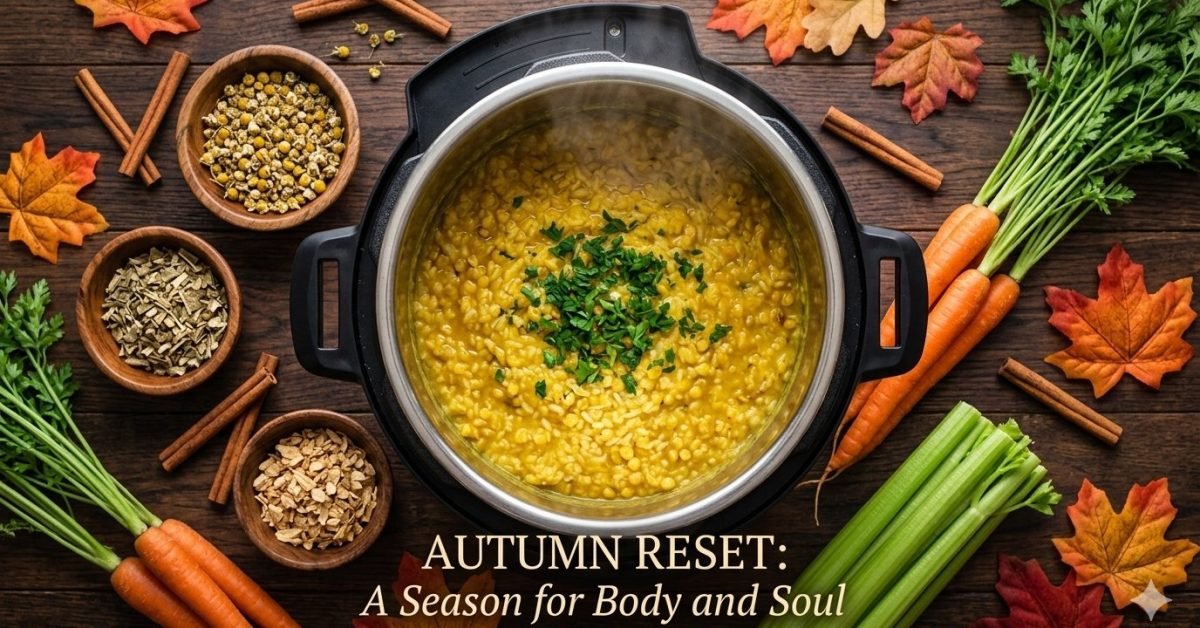 Brewing pot of kitcheri with vegetables and spices all around it