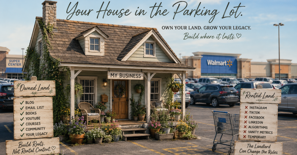 A cute little farm house in the Walmart parking lot, side images say what's your property, and what's rented property (like social media)